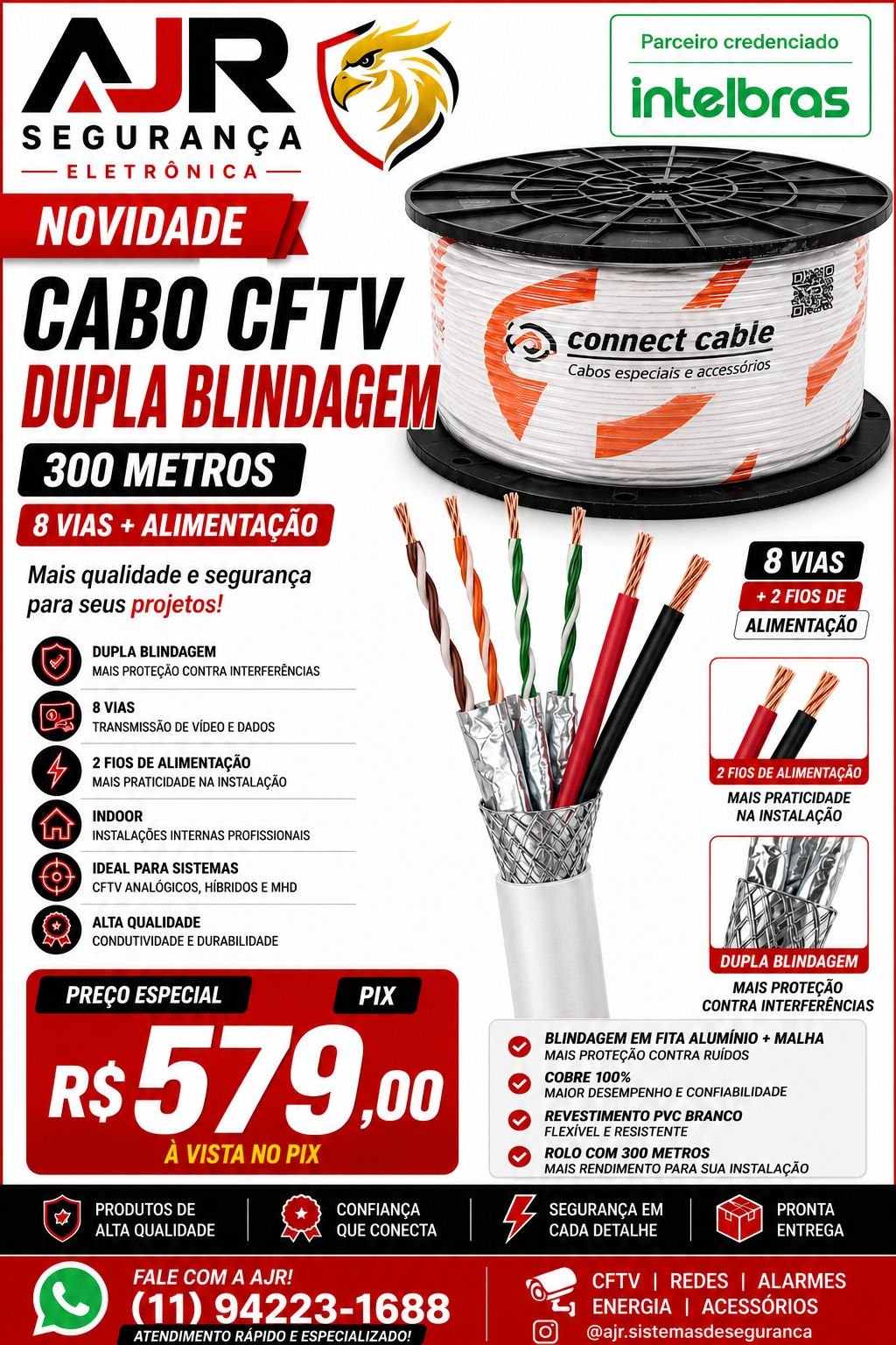Bobina Connect Cable de cabo CFTV com oito vias e alimentação