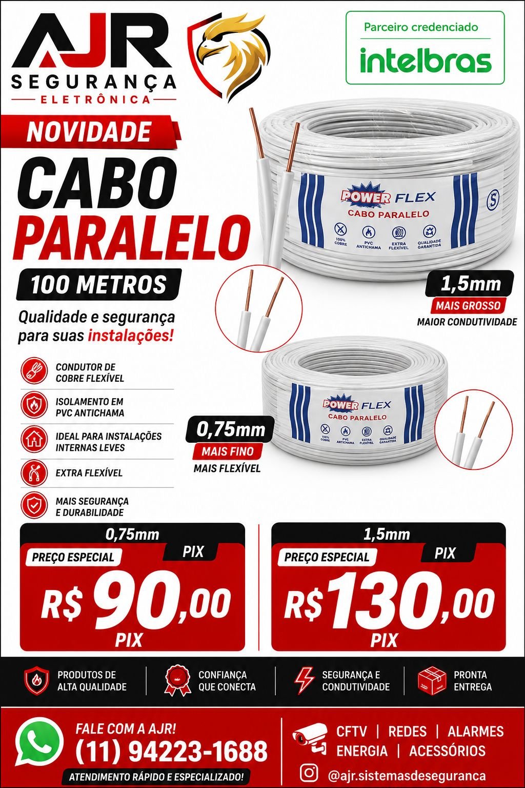 Rolos Power Flex de cabo paralelo de 0,75 e 1,5 milímetro
