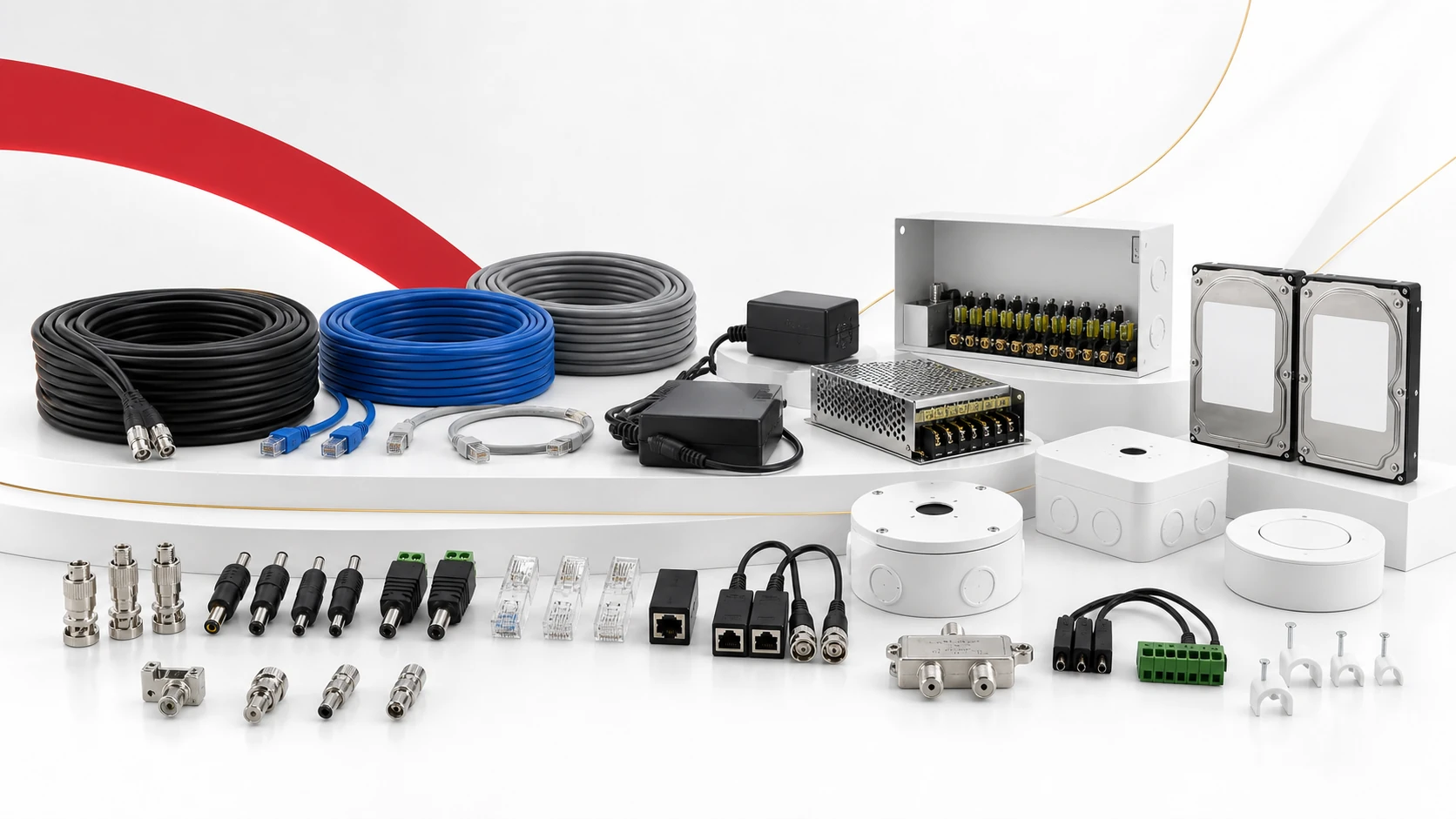 Cabos, fontes, HDs, caixas de sobrepor, conectores e acessórios para instalação de segurança eletrônica