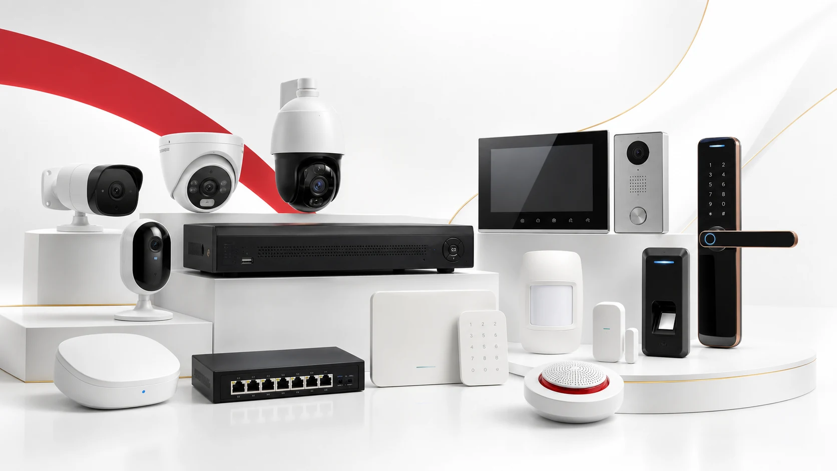 Linha variada de produtos modernos de segurança eletrônica, incluindo câmeras, gravador, alarme, sensores, interfonia, controle de acesso, fechadura inteligente e equipamentos de rede