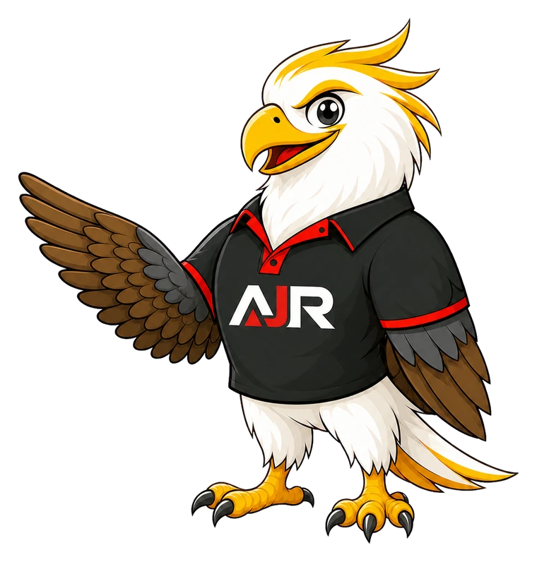 Águia mascote da AJR apresentando as novidades da empresa